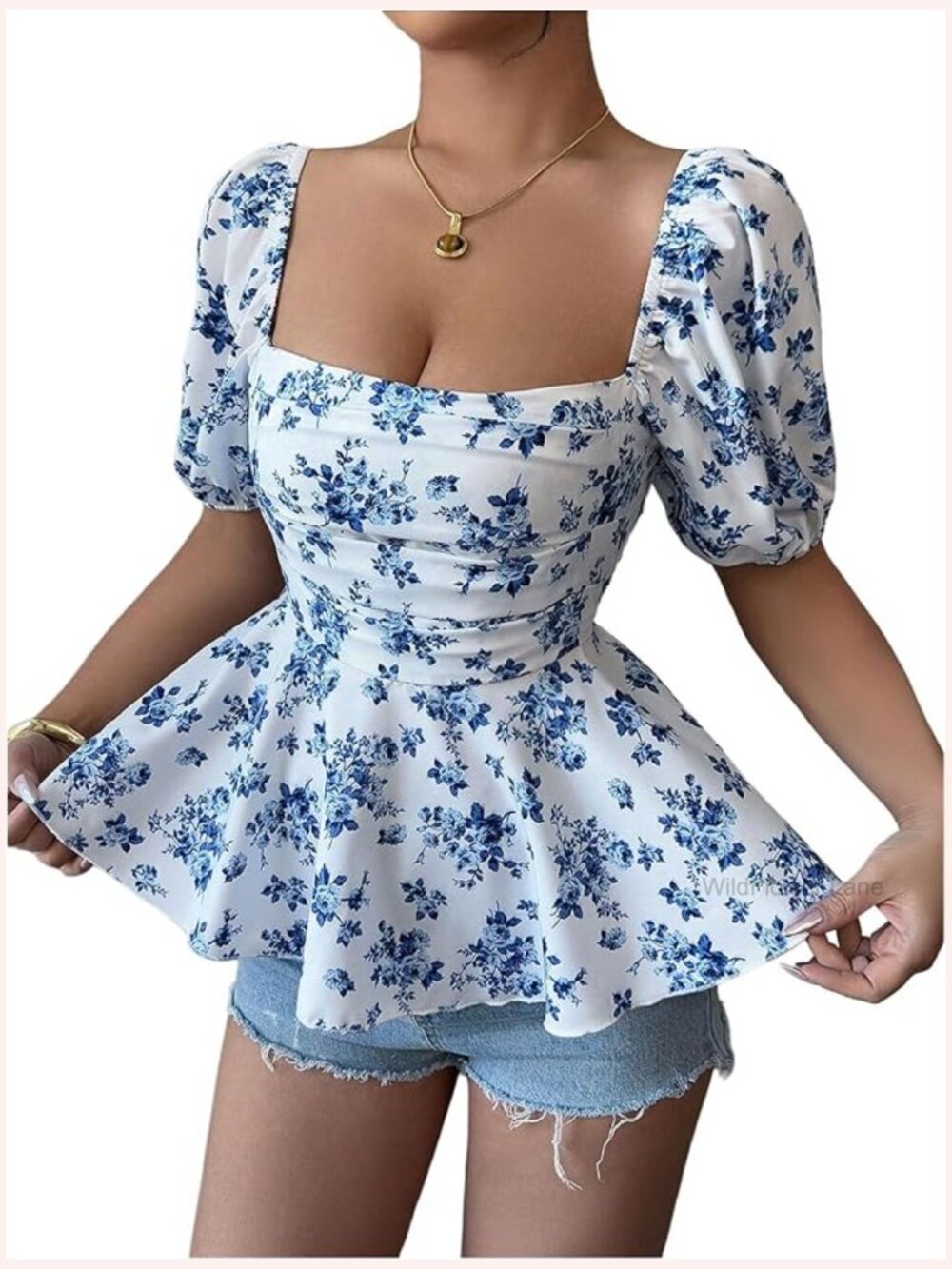 Puff Sleeve Ruched Floral Blouse Square Neck Ruffle Hem Peplum Top